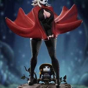May include: A detailed figurine of a character with a white mask, white hair, and a red cape. The character is wearing a black sweater and thigh-high stockings. A smaller figure sits on a wooden bench at the base of the statue.