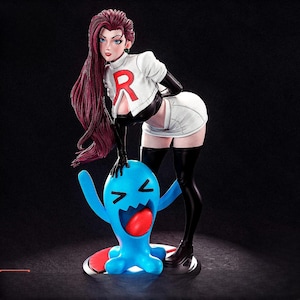 May include: A detailed figurine of a character from the Pokemon series. The figure is of a woman in a white top with a red "R" on it, a white skirt, and black thigh-high boots. She is posed with a blue cartoon character with a red tongue.