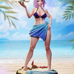 May include: A figurine of a character with purple hair and a horn, wearing a purple bikini and blue sarong, holding a tray with a dessert. The figure stands on a beach-themed base with a blue and white towel, seashells, and a crab.