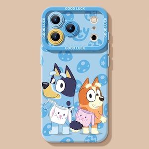 May include: A light blue phone case featuring cartoon characters Bluey and Bingo. The case has a matching blue camera frame with the words "GOOD LUCK" printed on it. The background has a pattern of blue shapes and stars.