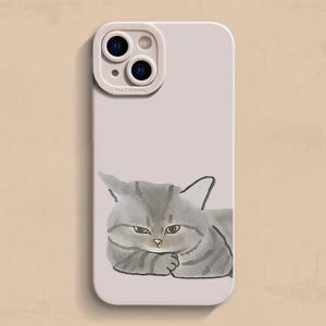 Watercolor Grumpy Grey Tabby Cat Silicone Phone Case, Minimal Muted Tone Lazy Kitten Soft Cover(iPhone 11-17)