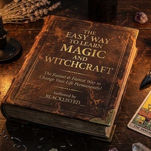 Puede incluir: Un libro de tapa dura marrón y desgastado titulado The Easy Way to Learn Magic and Witchcraft, con letras doradas, esquinas de metal y el nombre del autor Blacklisted. Está rodeado de velas negras encendidas, cartas del tarot y un cráneo de ave.