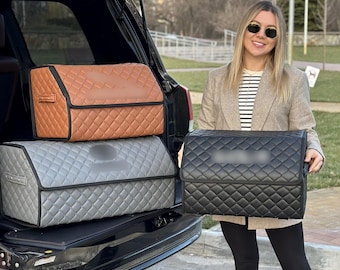 Organizador de accesorios para maletero de coche: almacenamiento de cuero personalizado con bordado a medida, hecho a mano bajo pedido.