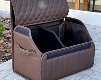 ハンドメイドレザートランクオーガナイザー – 旅行の必需品を収納できる耐久性のある車内アクセサリーホルダー