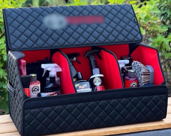 Personalized Leather Trunk Organizer with Red Accent – Custom Embroidery Car Storage Accessory