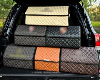 Organizador de almacenamiento para maletero de coche – Accesorio de cuero con bordado personalizado, hecho a medida.