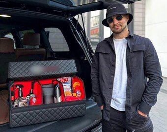 Custom Logo Embroidery Car Organizer – Leather Trunk Storage with Personalized Design, Handmade to Order