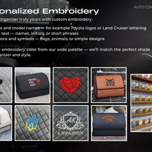 May include: Image showcasing personalized embroidery options for car organizers. Examples include a paw print with the name "Maggie", a heart, and a basketball design. The text highlights custom text, logos, and symbols.
