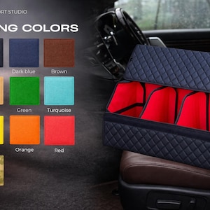 May include: A navy blue, quilted car organizer with red interior compartments. The organizer is open, revealing three sections. A color chart displays lining color options: black, dark blue, brown, beige, green, turquoise, yellow, orange, red, and khaki.