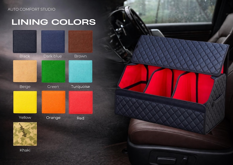 May include: A navy blue, quilted car organizer with red interior compartments. The organizer is open, revealing three sections. A color chart displays lining color options: black, dark blue, brown, beige, green, turquoise, yellow, orange, red, and khaki.