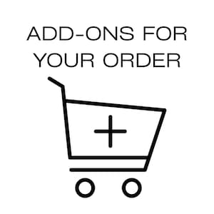Puede incluir: Un gráfico en blanco y negro con el texto ADD-ONS FOR YOUR ORDER sobre un dibujo lineal simple de un carrito de compras con un signo más dentro del cuerpo del carrito y dos ruedas circulares en la base, sobre un fondo blanco liso.