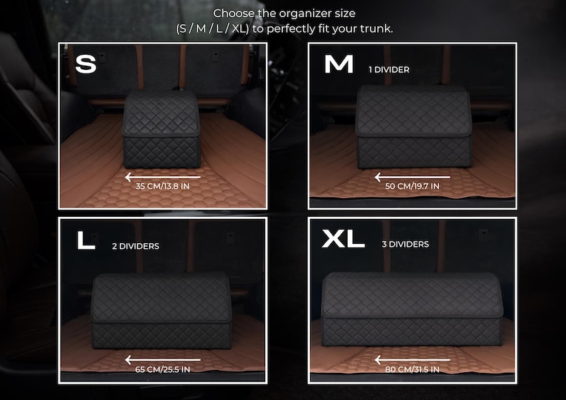 May include: Black quilted trunk organizers in four sizes: S (13.8 in), M (19.7 in), L (25.5 in), and XL (31.5 in). Each size has a different number of dividers. The text reads: Choose the organizer size (S/M/L/XL) to perfectly fit your trunk.