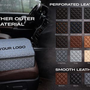 May include: A gray, quilted leather car organizer with the text "YOUR LOGO" on the front. The image also displays samples of perforated and smooth leather in various colors, including black, brown, and gray, suitable for car interiors.