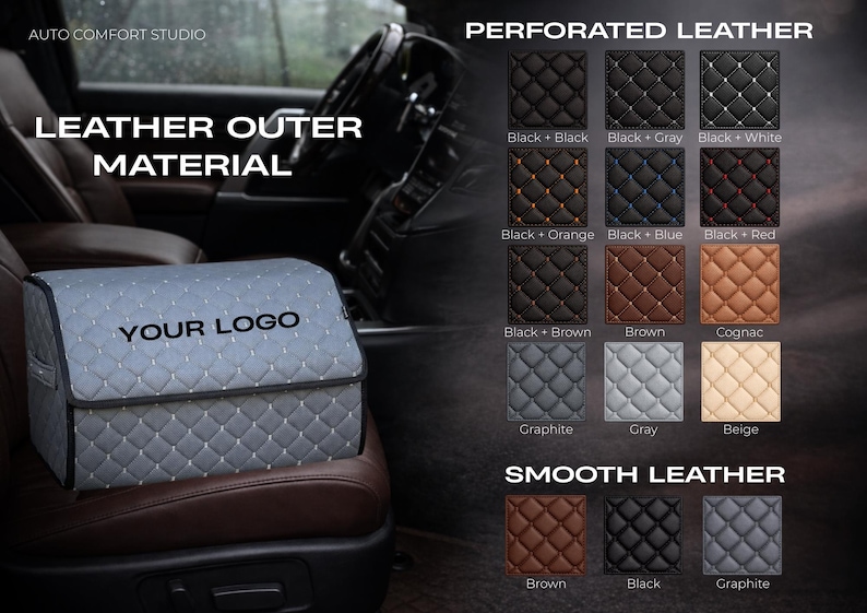 May include: A gray, quilted leather car organizer with the text "YOUR LOGO" on the front. The image also displays samples of perforated and smooth leather in various colors, including black, brown, and gray, suitable for car interiors.