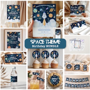May include: A selection of space-themed birthday party decorations. Includes invitations, signs, cupcake toppers, water bottle labels, and a banner. Designs feature rockets, planets, and stars against a dark blue backdrop.