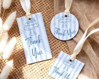 Etichetta per bomboniera di compleanno Coquette / Fiocco per torta a righe blu con scarabocchi / Etichetta di ringraziamento (stampabile) / Etichetta circolare, quadrata, rettangolare, modello Canva modificabile
