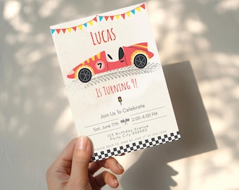 Invitación de cumpleaños con diseño de coche de carreras clásico, plantilla editable de Canva, fiesta infantil de speedway, invitación imprimible (descarga digital).
