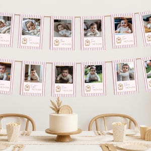 May include: A baby milestone photo banner featuring twelve rectangular cards with pink and white vertical stripes, each displaying a baby photograph and text ranging from One Month to Twelve Months with a small gold icon below the text.