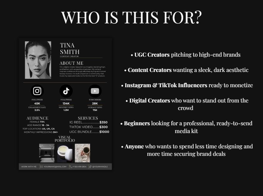 UGC Creator Media Kit Canva Template | Dark Luxury Influencer Press Kit ...