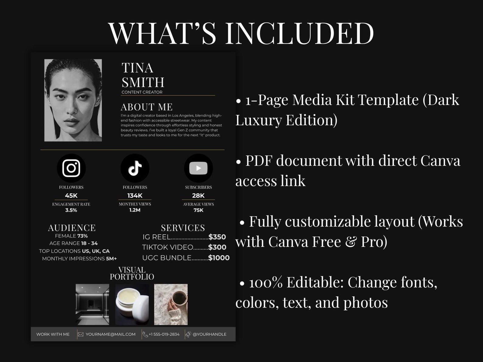 UGC Creator Media Kit Canva Template | Dark Luxury Influencer Press Kit ...
