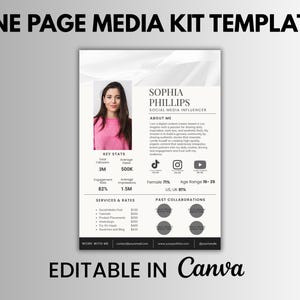 May include: A media kit template with the text "ONE PAGE MEDIA KIT TEMPLATE" at the top. The template features a photo of a woman, key stats, and social media icons. The text "EDITABLE IN Canva" is at the bottom.