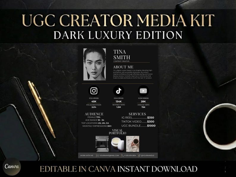 UGC Creator Media Kit Canva Template | Dark Luxury Influencer Press Kit ...