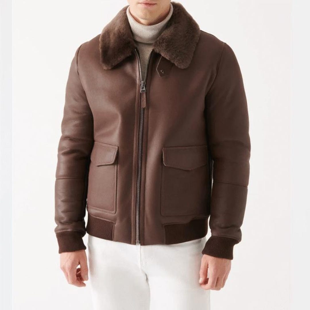 Men’s Sheepskin Shearling Collar Brown Bomber Jacket - Etsy