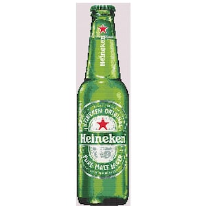 May include: A green Heineken beer bottle with a red star logo. The bottle has a green cap and a white and green label with the words "Heineken Original Pure Malt Lager".
