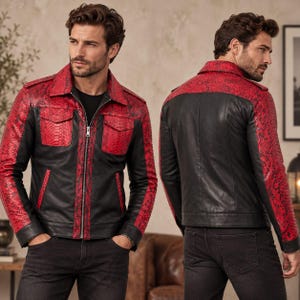 Men's Red & Black Snake Embossed Leather Jacket, Genuine Lambskin Leather Biker Jacket, Real Leather Shirt Collar Moto Outfit for Men