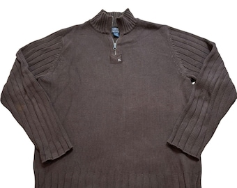 Jersey vintage Polo Jeans Co. Ralph Lauren con cremallera de 1/4 para hombre, talla XL, color marrón, algodón acanalado.