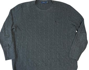 Jersey de punto trenzado gris con cuello redondo y mezcla de cachemira y lana de Polo Ralph Lauren para hombre, talla XLT