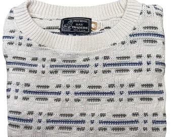 Vintage crèmekleurig getextureerd groenblauw katoen met geometrisch patroon en ronde hals medium Peconic Bay Traders
