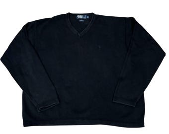 Jersey de cuello en V negro de algodón Polo Ralph Lauren, estilo vintage de los 90, para hombre, talla XXL, fabricado en Hong Kong.