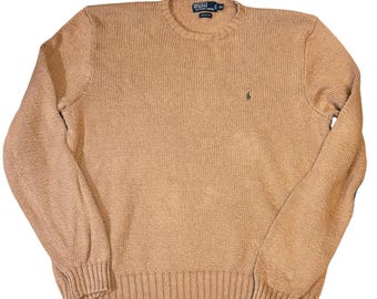Vintage Polo Ralph Lauren Camel Tan 100% Cotton Crew Neck Sweater XXL Hong Kong