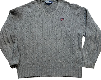 Vintage 90s Polo Ralph Lauren Cable Knit Cotton Taupe Gray Textured Sweater Men's Large