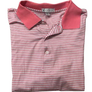 Polo vintage Peter Millar a righe rosa salmone e grigio chiaro in cotone, taglia XL, con logo CC.