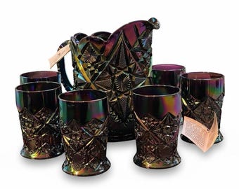 Fenton Imperial Lace Amethyst Carnival Glass Pitcher Set + 6 Tumblers NEW/TAGS!