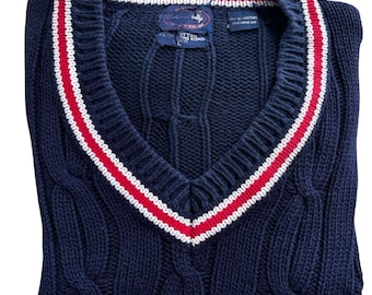 Vintage Navy Blue Cotton Cable Knit Tennis Sweater Red/White Stripes at V Neck Men's Size Large Allen Solly