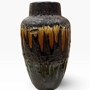西ドイツ製 Scheurich 549-21 Lora Fat Lava 花瓶 ブラック、ゴールデンブラウングリーン釉薬
