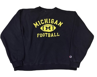 Sudadera vintage de cuello redondo de fútbol americano de Michigan azul Champion con estampado de maíz, talla XL