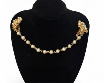 Vintage Sweater Guard Faux Pearl Basket Clips Gold Tone Chain Dangle Cardigan*