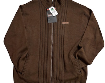 Y2K Southpole Ribbed Full Zip Mock Neck Sweater Cardigan Brown Orange Trim XL