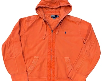 Sudadera con capucha de algodón y malla naranja con cremallera completa de Polo Ralph Lauren, detalles en lona, talla XL.