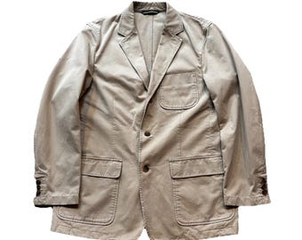 Vintage J. Crew Men's Tan Cotton Blazer Unstructured 3 Button Patch Pocket Large