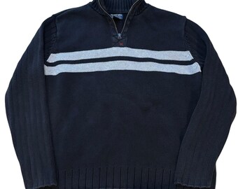 Jersey Vintage Polo Jeans Co. negro de punto grueso con cremallera de 1/4 y raya gris en el pecho, talla XXL