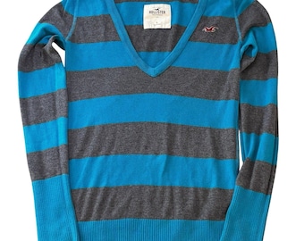 Y2K Hollister Striped Deep V-Neck Slim Large Blue Gray Cotton Blend Sweater