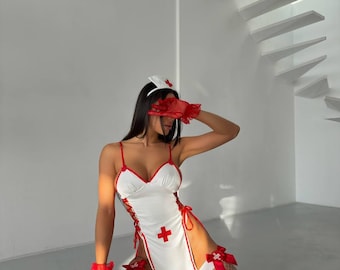 Lingerie Costume Set, White Red Medical Cosplay Outfit, Role Play Costume, Fancy Dress Outfit, Party Costume for Women