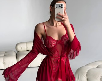 Lace Bodysuit and Sheer Robe Set, Women's Lingerie Set, Mesh Robe with Belt, Elegant Lace Bodysuit, Bridal Lingerie