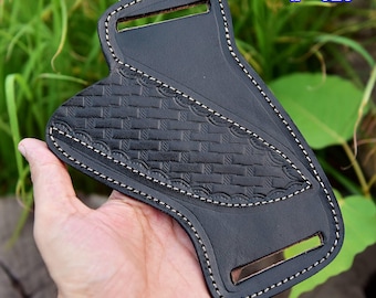 USA Pancake Sheath 5" Inch Fixed Blade Folding Knife Black Leather Pouch Holster