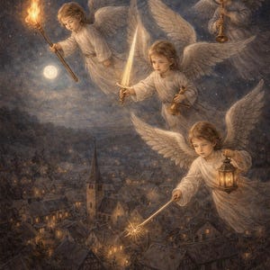 May include: An ethereal painting depicts four angelic figures with feathered wings, each holding symbolic objects: a torch, a sword, a bell, and a lantern. They float above a quaint village illuminated by the moon and twinkling lights, creating a serene, celestial scene.